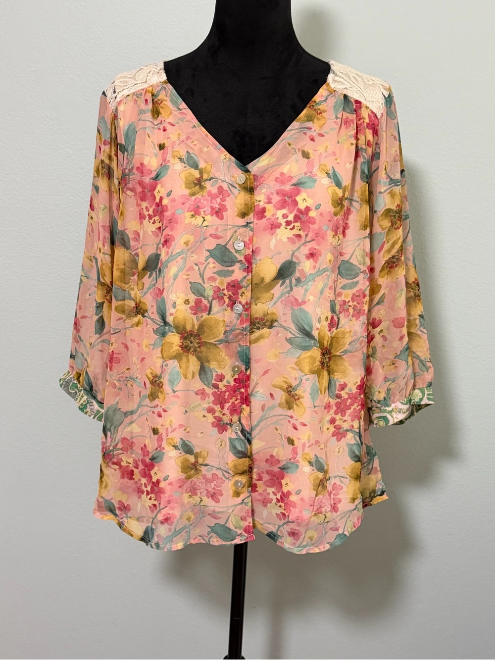 Anthropologie Fig and Flower Semi Sheer Floral Blouse with Nude Undershirt - 2X